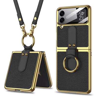 Luxuriöse PU-Lederhülle für Samsung Galaxy Z Flip 4 5G mit Ring-Lanyard und integriertem Displayschutz. Telefonhüllen Coque Fundas