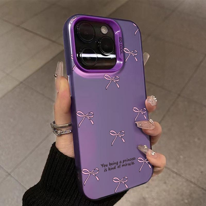 Ins Korean Simple Pink Bow Phone Case for iPhone 15 Pro Max 14 13 12 11 XS X XR 7 8 Plus 15 Luxury Lens Protection Laser Cover
