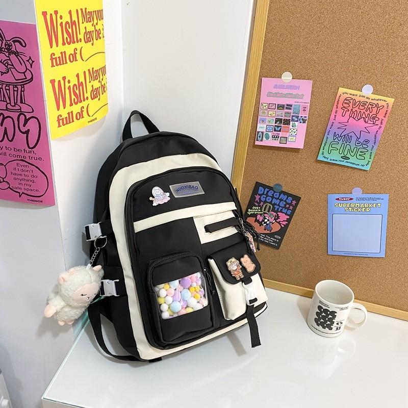 Zaino Studente Color Block alla Moda Con Ciondolo Palla Colorata e Spilla Decorativa Per Viaggi Casual e Uso Quotidiano