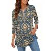 Damen Lässiger V-Ausschnitt 3/4 Ärmel Pullover Tunika Oberteil Blumenmuster Mittellange Bluse Leichte Bequeme Passform