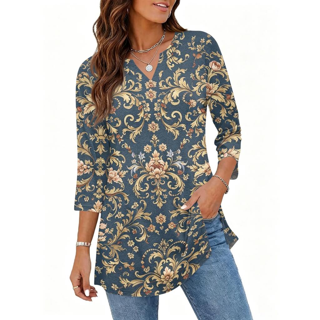Damen Lässiger V-Ausschnitt 3/4 Ärmel Pullover Tunika Oberteil Blumenmuster Mittellange Bluse Leichte Bequeme Passform