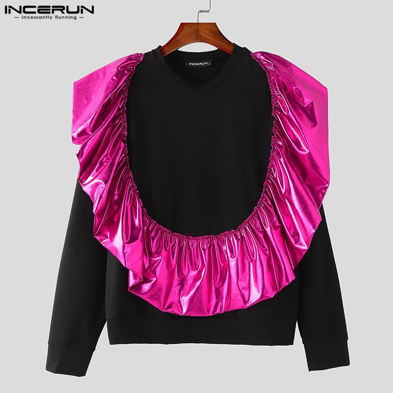 INCERUN Men Round Neck Long Sleeve Shiny Finish Ruffled Patchwork Loose T-shirts
