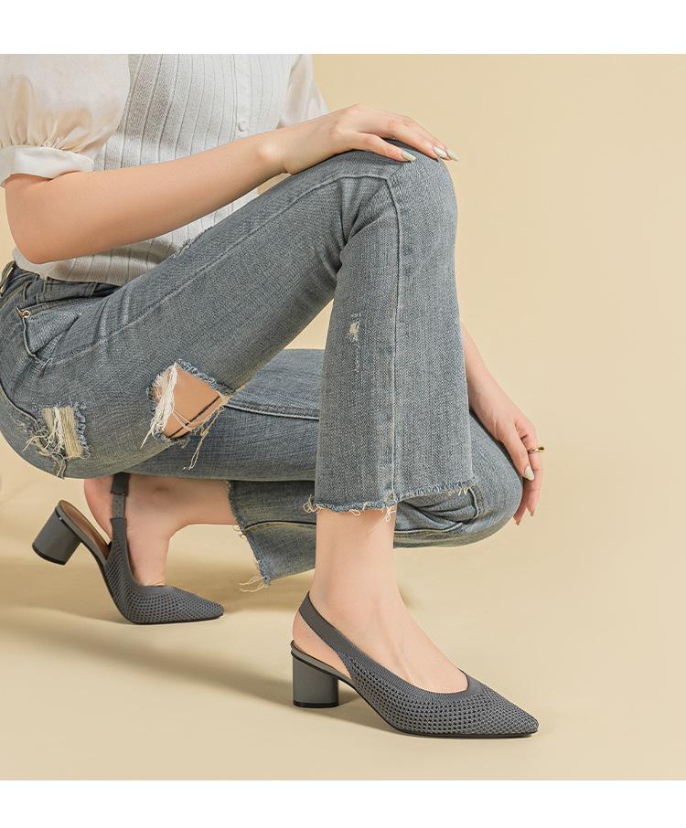 BT663 Princess Cutout Knitted Sandals - Round/Pointed Toe, Back Strap, Low Cut, Chunky Heel