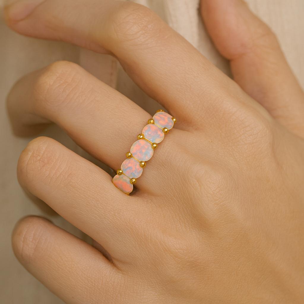 Pink & White Opal Engagement Band – Dainty Minimalist Art Deco Wedding Band | October Birthstone Promise Ring Gift for Her