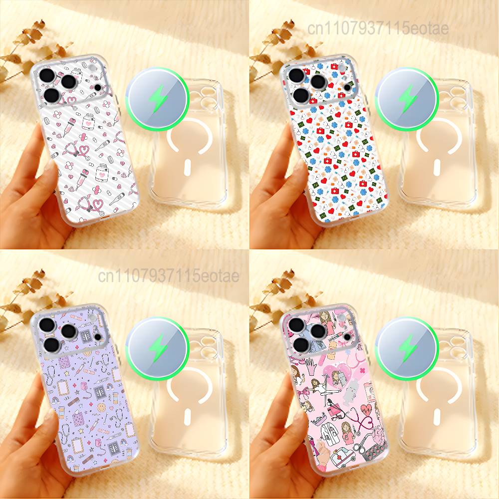 Medicine Doctor Nurse Cartoon Frosted Clear Magnetic Case for iPhone 17,16,15,14,13,12,11 Pro,Max,Plus,Mini,Air,E