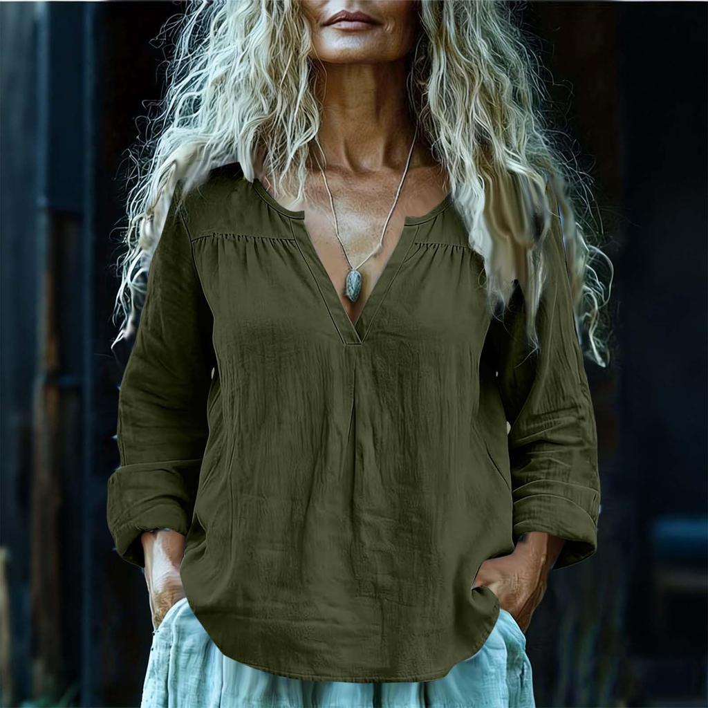 Women's Fashion Loose-Fit Long-Sleeve V-Neck Pullover Shirt Cotton-Linen Blend Top