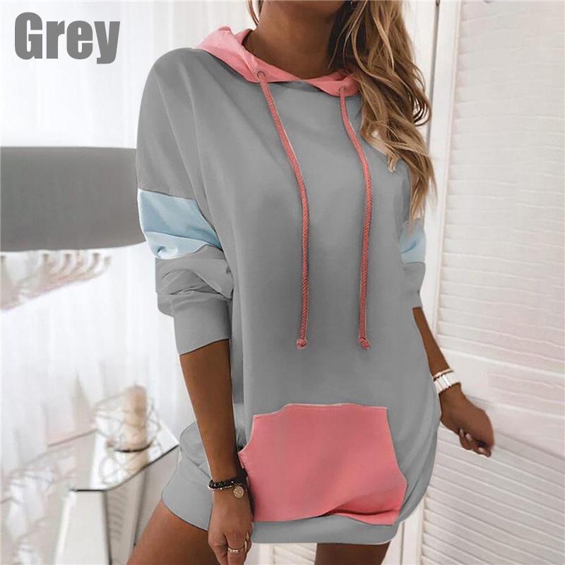 Nueva Moda de Invierno para Mujer Cálido Suelto Vestido Jersey Manga Larga Vestido con Capucha Bloque de Color Mini Vestido Talla Grande