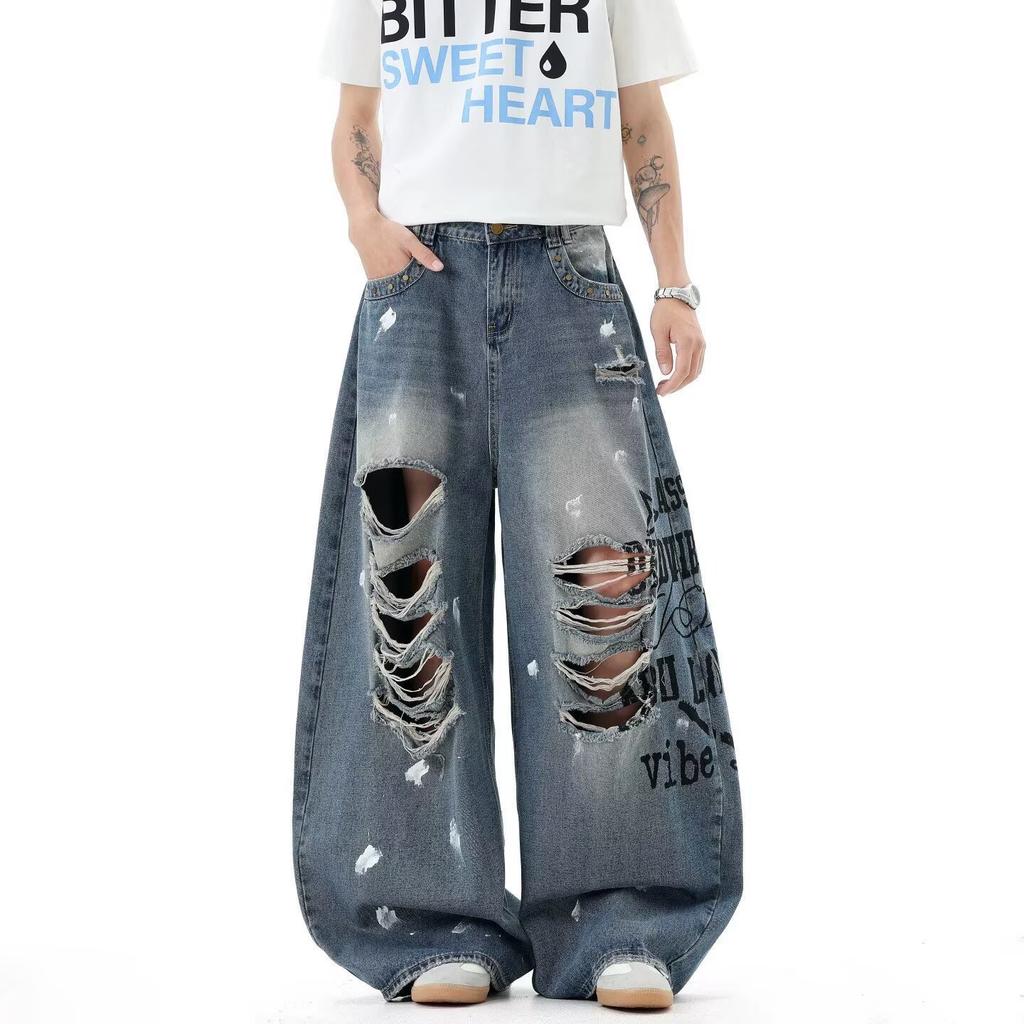 American niche retro high street design ripped jeans autumn high waist loose vibe fried street mopping pants tide