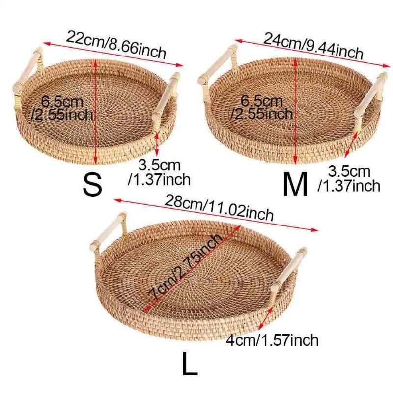 Round Rattan Serving Tray with Handles Coffee Table Decorative Tray Hand Woven Serving Basket Double Ear Bread Fruit Picnic Tray