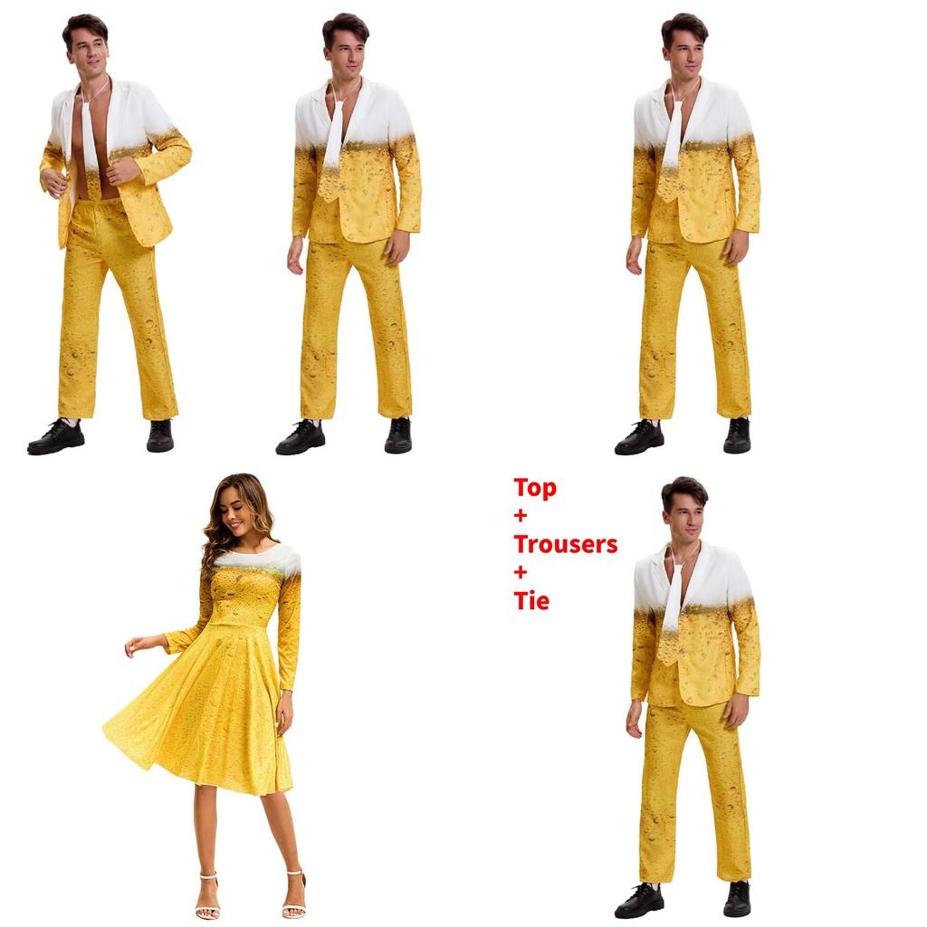 Costume di Carnevale in Poliestere a Tema Gioco per Uomo con Gradiente Giallo e Fantasia Birra per Esibizioni sul Palco