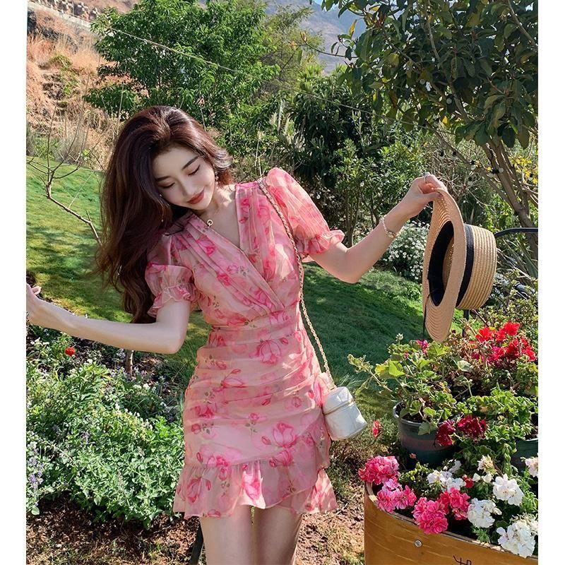 Floral Chiffon Dress for Women Summer New Slim Fit and Slim Temperament Hip Fishtail Short Skirt