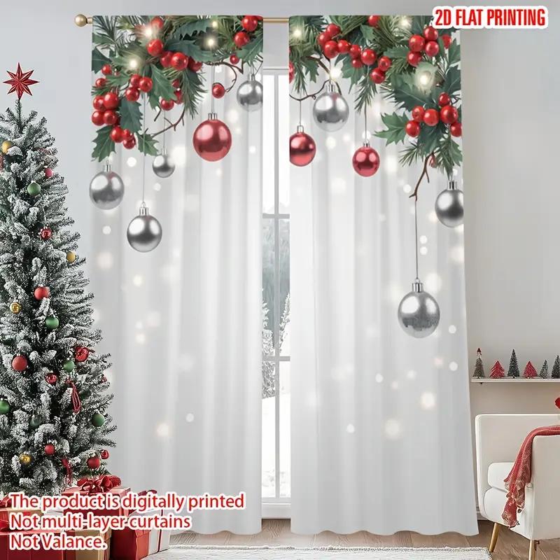 

Set Of 2 Festive Berry Floral Window Curtains Christmas Drapes Home Decor Curtain With Rod Pocket Sheer Polyester W100*H70(CM)-Hooks&1PCS