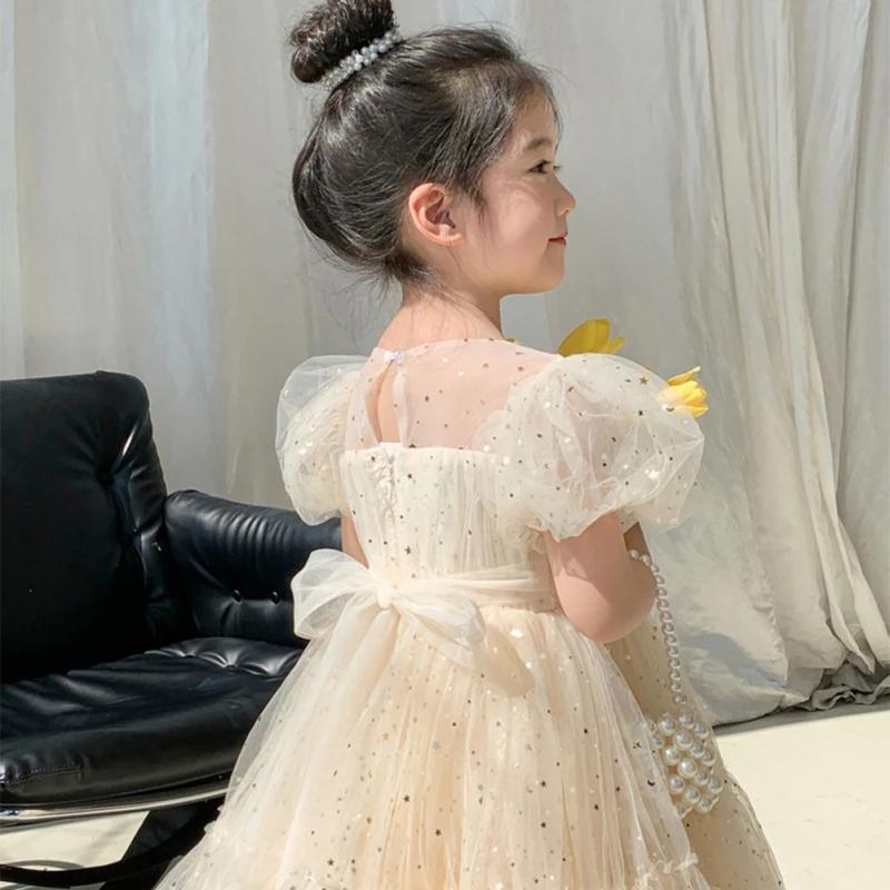Kids Dress Girls'  Princess Birthday Party Bow Summer Skirt Baby Girl's Bubble Sleeve Mesh Sequin Sweet Cute Dress