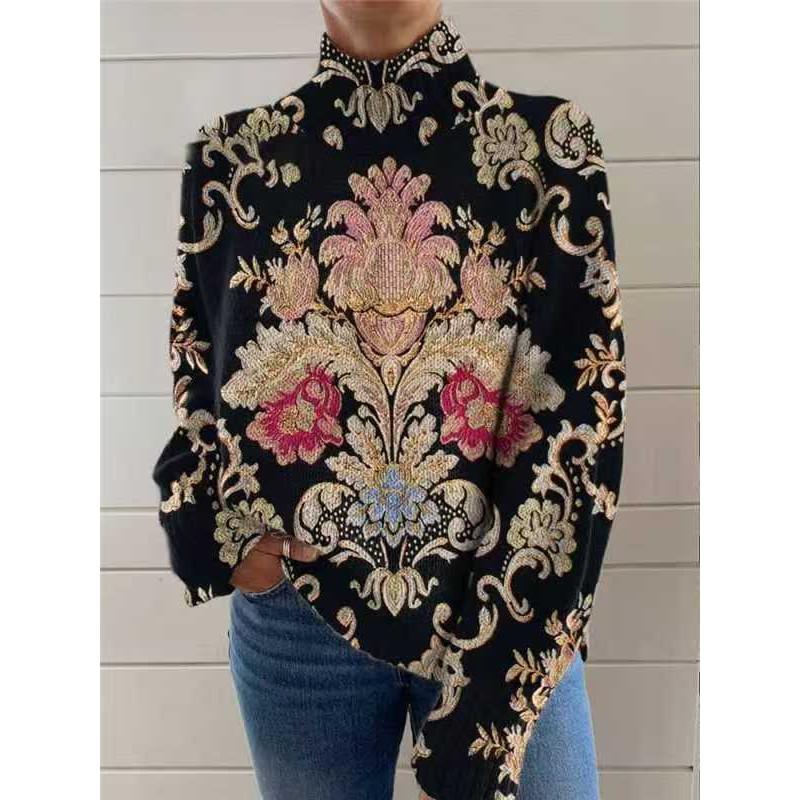 Womens Christmas Print High Neck Sweater Loose Fit Casual Long Sleeve Top