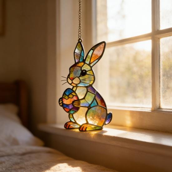 Osterhase Acryl Sonnenfänger Ornament im Buntglas-Stil Bunte Fensterhänge-Dekoration für Ostern Geburtstag Frühling Garten Hausdekor Geschenk