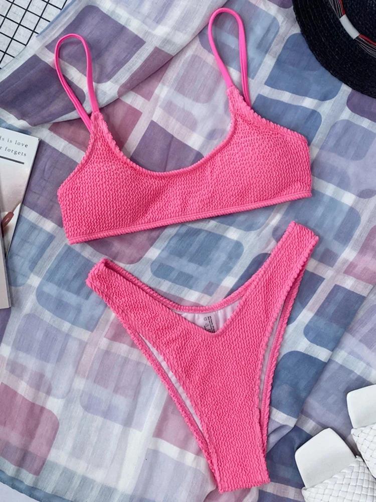 

7 цветов Мятый жатый Треугольное бикини Женская купальная одежда Женский купальник Комплект бикини из двух частей Купальник для купания Купальный костюм Плавать Леди L