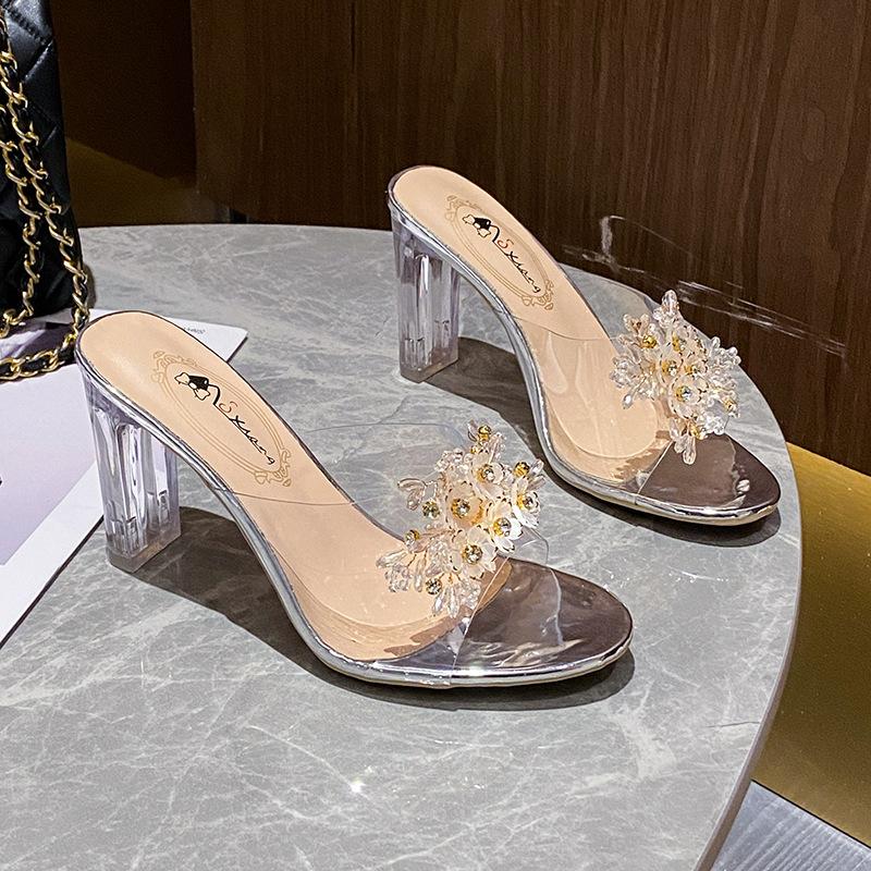 

2025 slope heel sandals women s summer new sexy crystal transparent high heels glass rhinestone slope heel slippers 34 серебряный