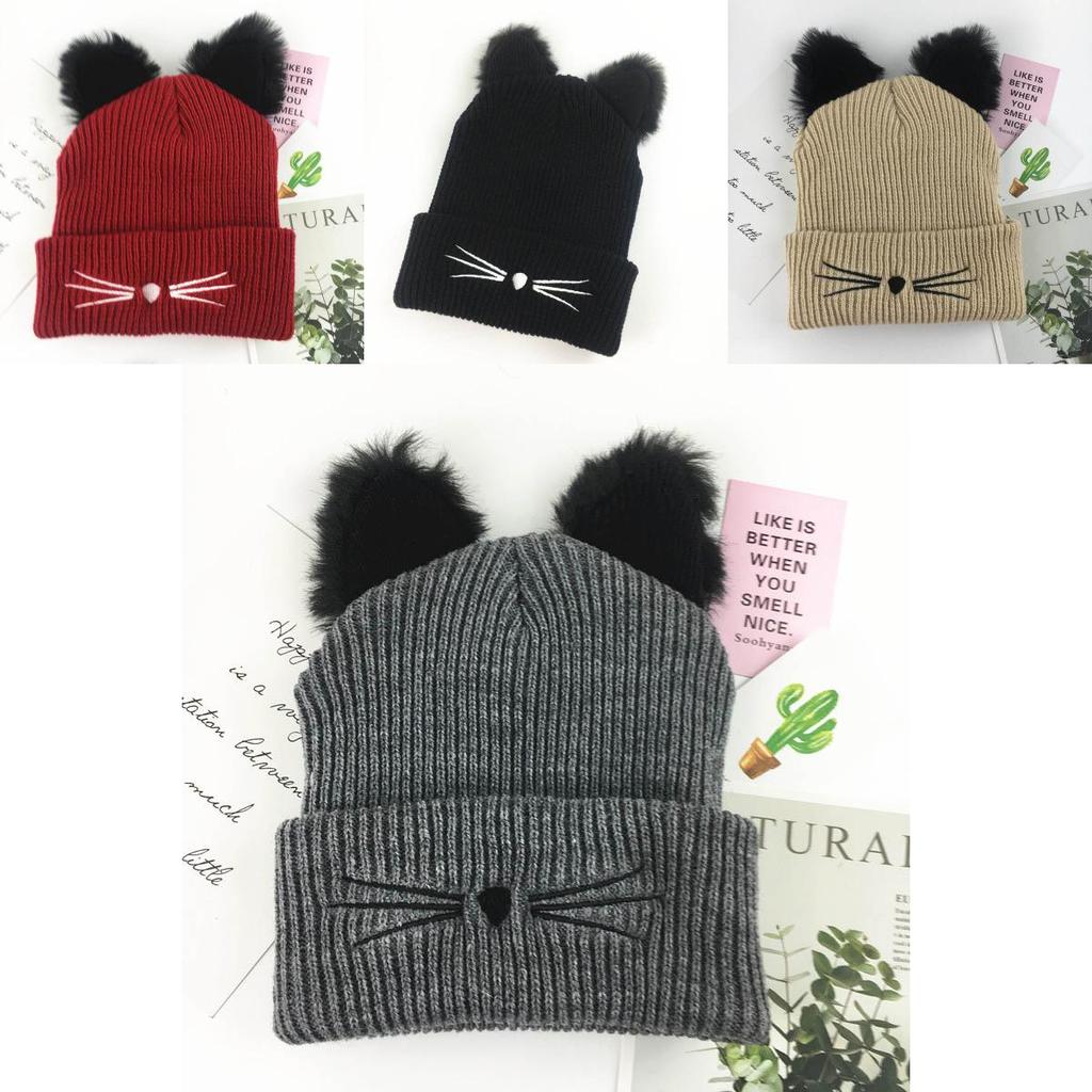 Premium Cat Ears Women Hat Knitted Acrylic Warm Winter Beanie Caps For Gift Giving