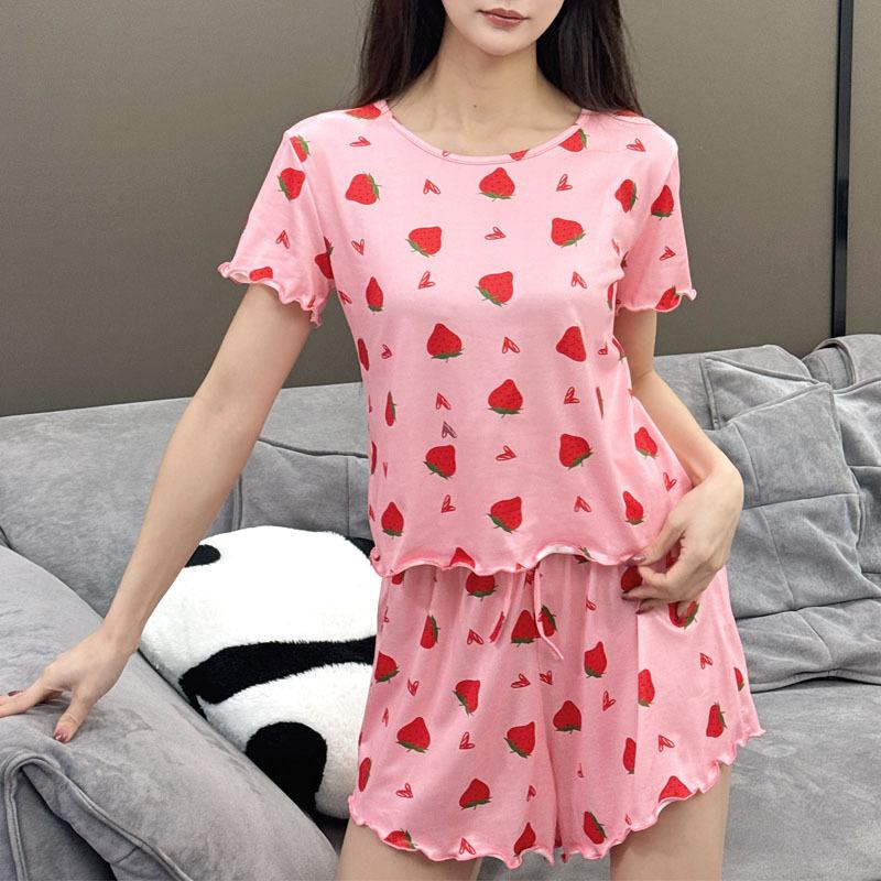 2025 Summer Women's Pajamas Set O-Neck Crop Tops & Shorts Thin Sleepwear 2 Pieces Sets Pajama for Girl Funny Cartoon Print Youth Homewear