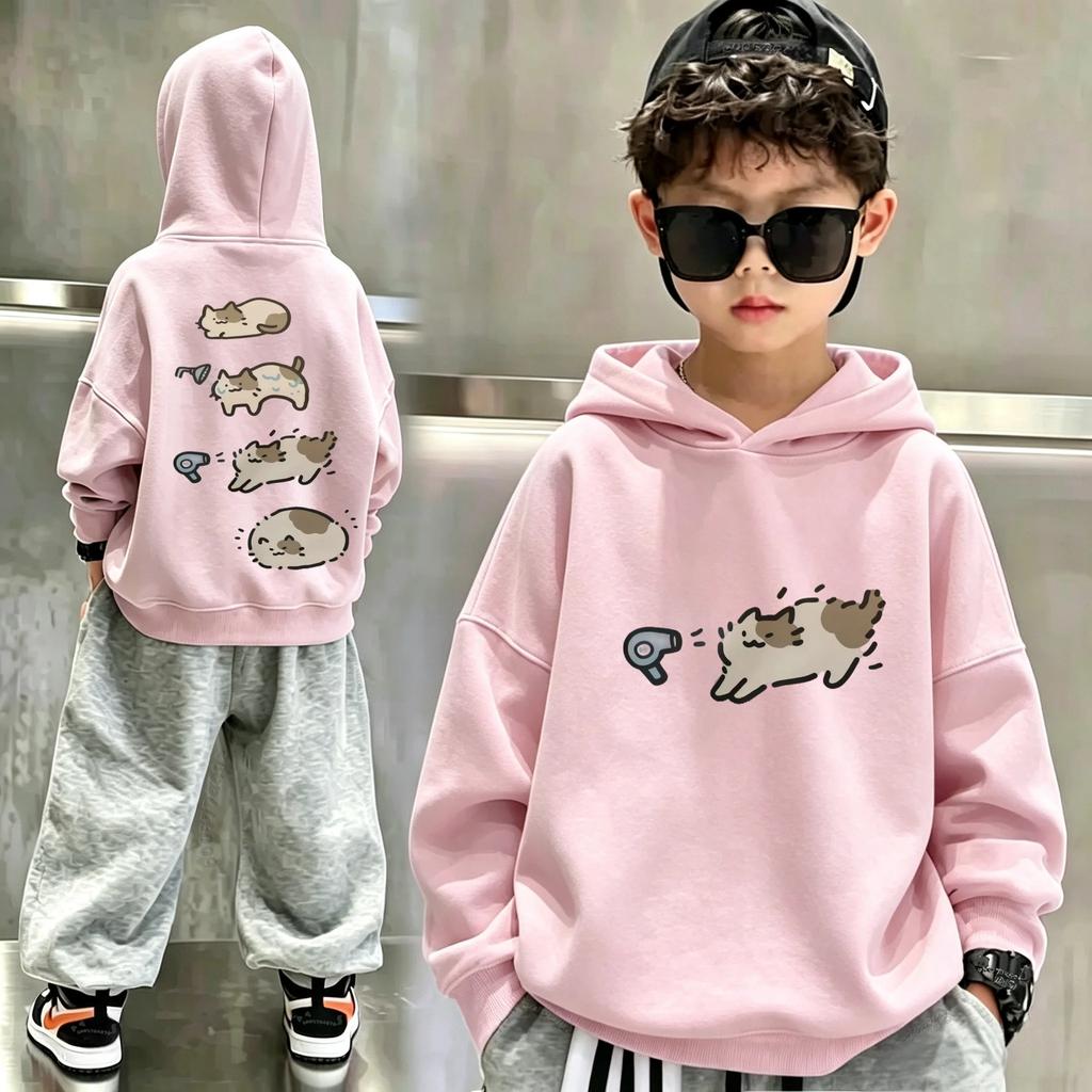 The Latest Y2K Cute Cartoon Cat Double-sided Pattern Hooded Sweatshirt, A Loose and Casual Children's Hooded Sports Shirt