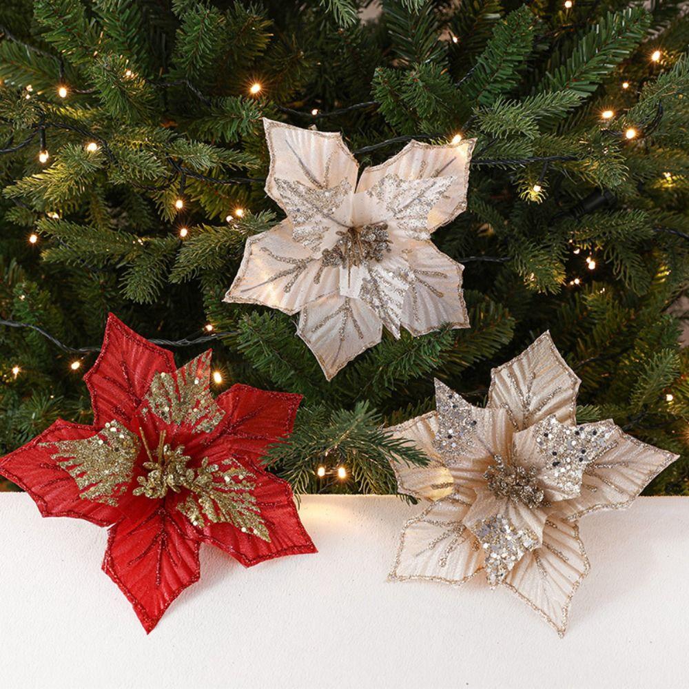 Fabric Plastic Christmas Artificial Flowers 24cm DIY Decoration Fake Flower Ornaments 5 Colors Xmas Tree Decorations New Year