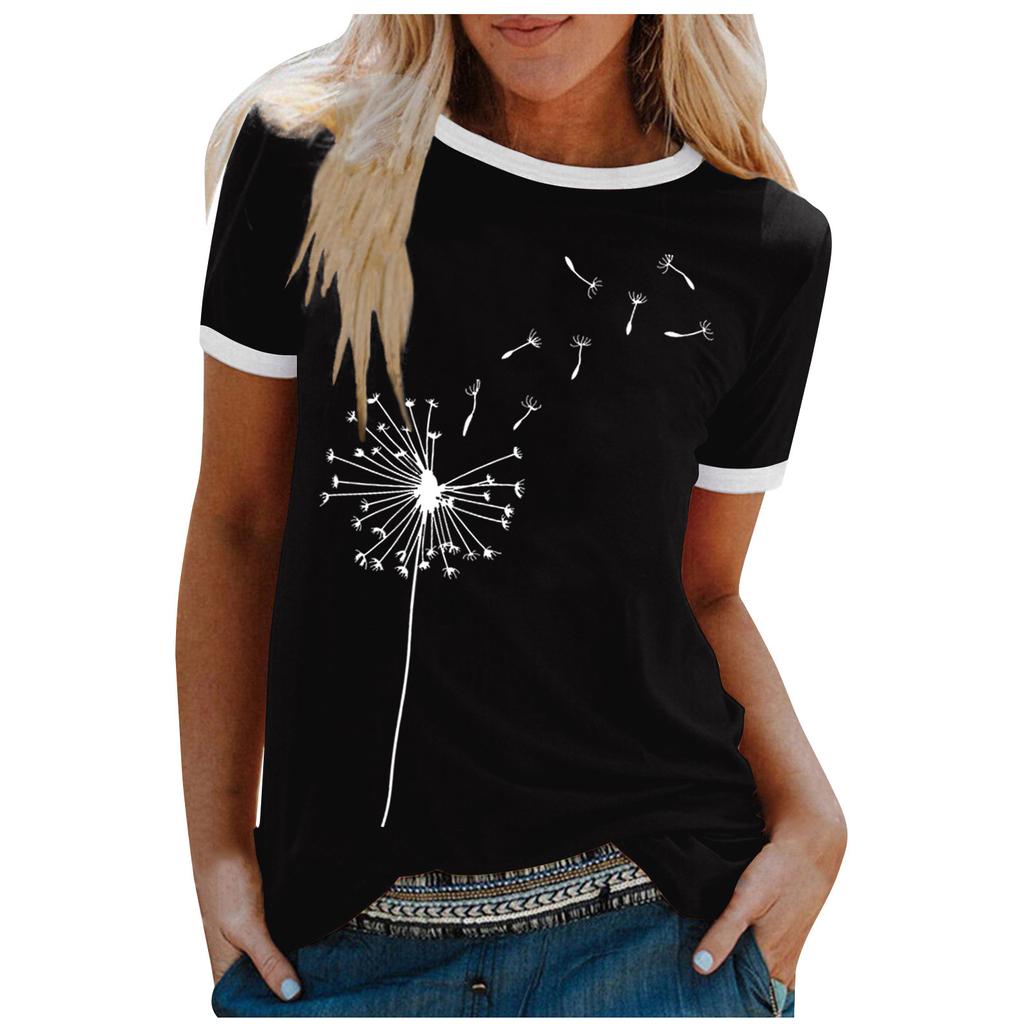 Ladies Cute Printed Short Sleeve Round Neck Front Shoulder Vintage Short Sleeve Summer Loose Shirt Top