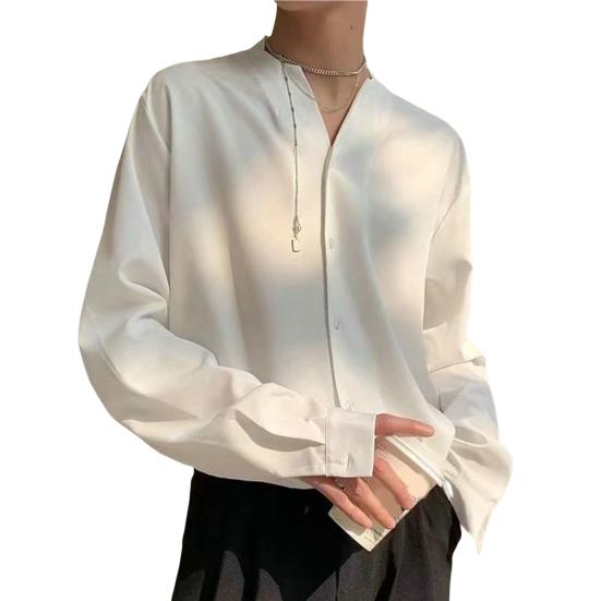 

Однобортная мужская рубашка без воротника с v-образным вырезом и длинным рукавом, свободная однотонная повседневная рубашка, топ L белый