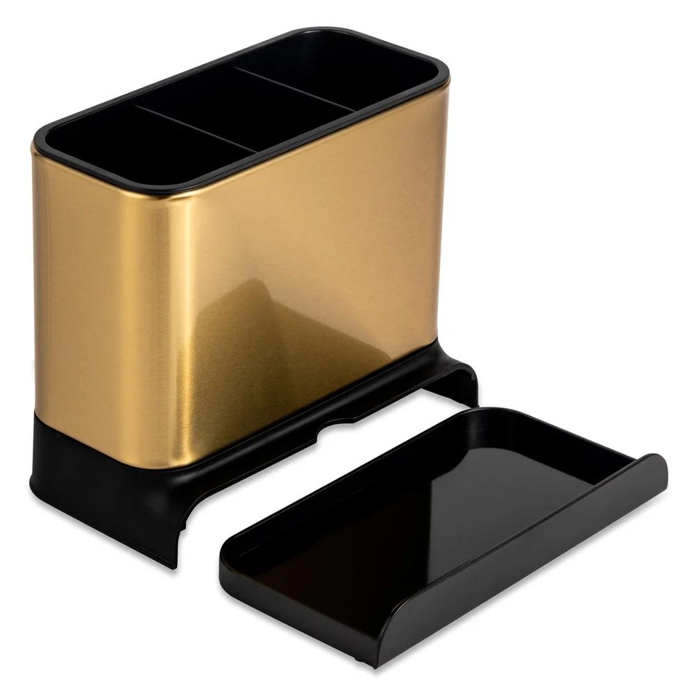3 Compartment Kitchen Sink Caddy Gold Removable Tray Organizer Sponges Brushes Cleaning Tools Stylish Compact Durable Non-Slip