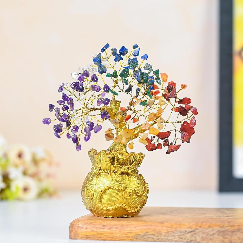Glücksbringender Feng Shui 7 Chakra Baum mit goldenem Geldsack-Sockel - Heilkristall Edelstein Bonsai Baum für Reichtum, Wohlstand, positive Energie,