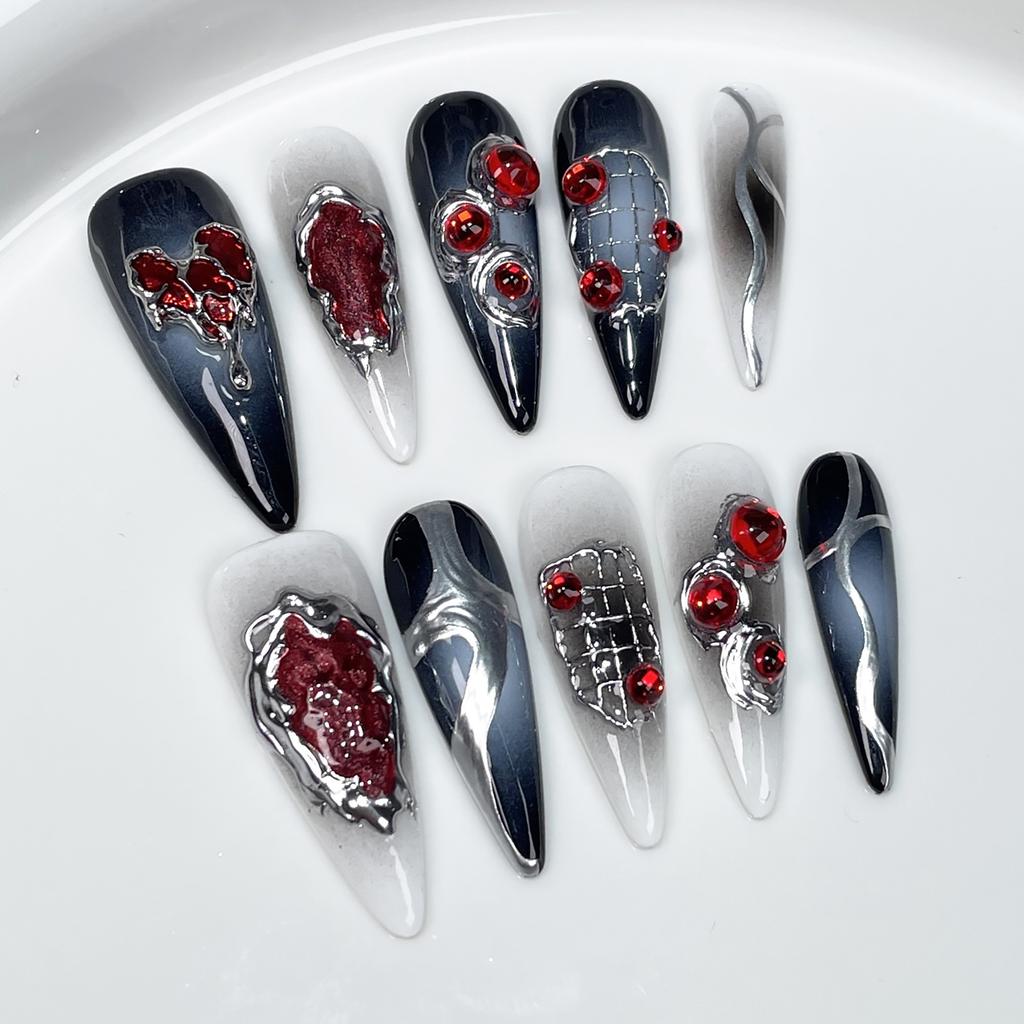 10pcs Stiletto Almond Press On Nails Dark Blue Cat Eye Y2K False Nails With 3D Design Artificial Detachable Full Cover Nail Tips