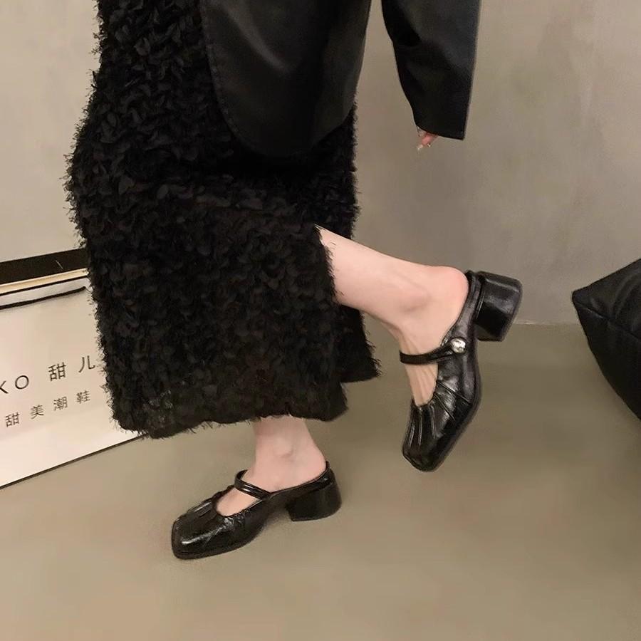 French National Style Chinese Silver Bag Head Half Slippers Women's Summer Wear 2025 New Lazy One-pedal Thick-heeled Single Shoes