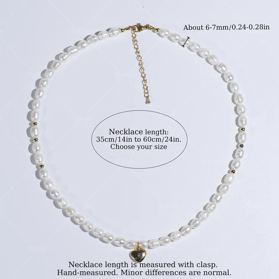 MYSOYA White Rice-Shaped Freshwater Pearl Necklace with Gold Extension Chain (6-7mm) C569 14in Length