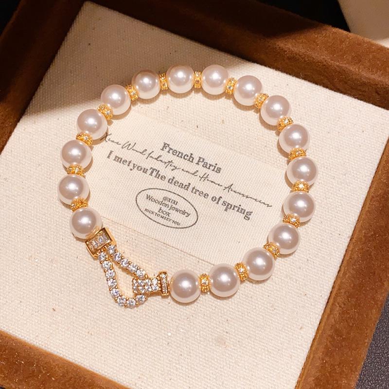 Gold Buckle Zircon Pearl Beaded Bracelet - Retro French Luxury Hand Jewelry