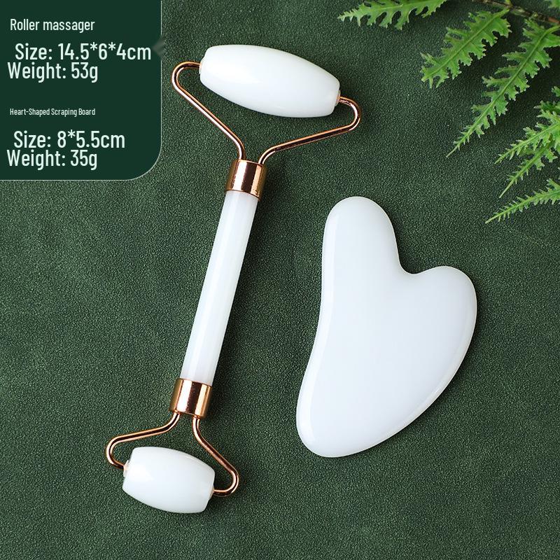 Heart-Shaped Rose Quartz Dual Roller & Massage Board Set - Non-Jade White Facial Tool