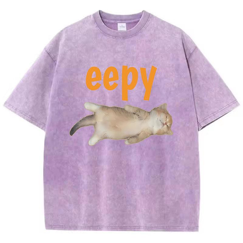 Hip Hop Retro T Shirt Vintage Washed Cotton T-Shirt Fashion Eepy Cat Graphic Tee Casual Streetwear Spring Summer Tee