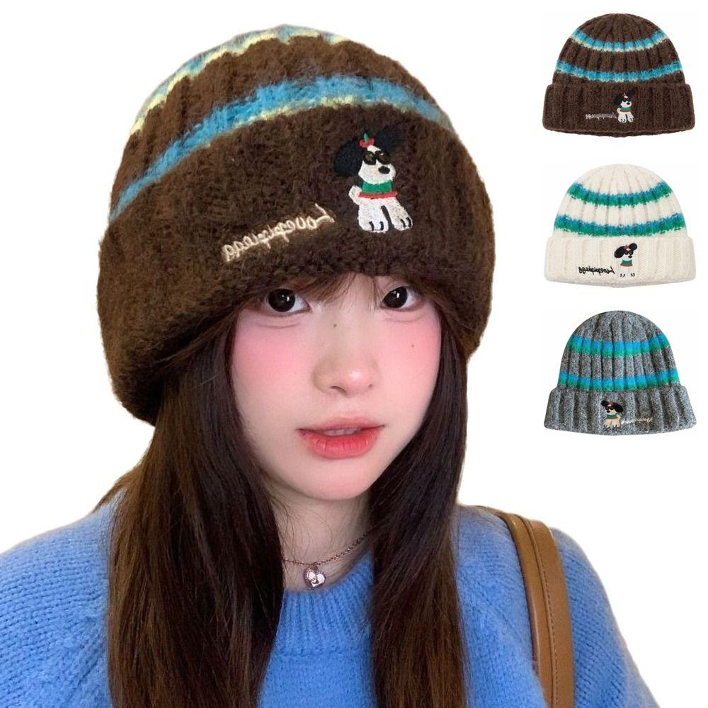 Puppy Embroidery Beanie Cap Winter Warm Crochet Bonnet Hat Cute Winter Knitted Hat Outdoors