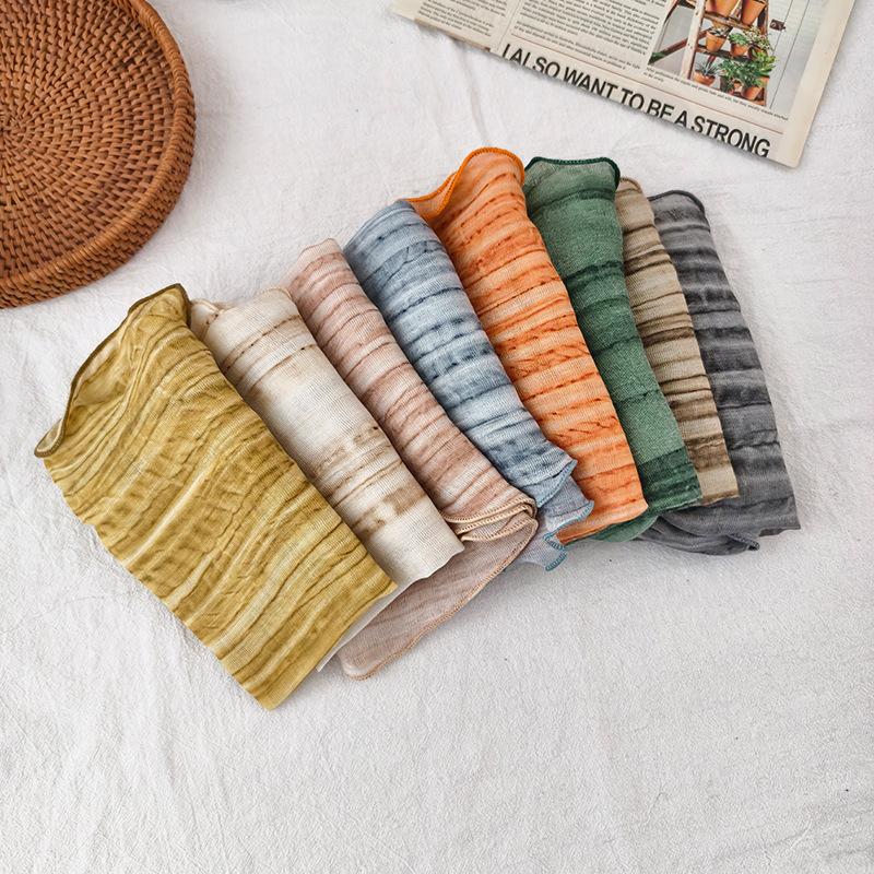 Baumwolle und Leinen Weicher Batikgestreifter Diamantförmiger Schal für Damen im Sommer, Dünner und farbenfroher Nackenschutzschal Stirnband