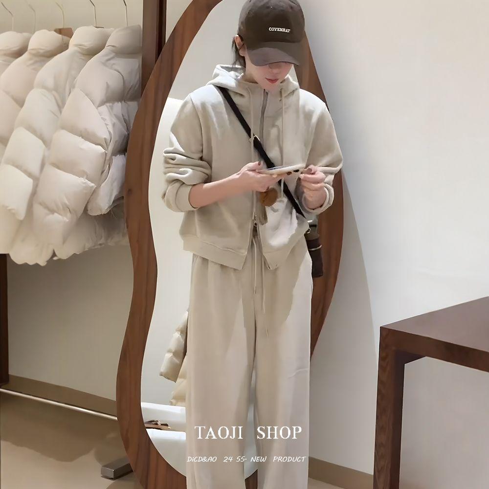 2026 Korean Style Hooded Sweatshirt & Elastic Waist Wide-Leg Pants Set for Women - Spring/Autumn Collection