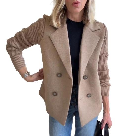 

Women s Double Breasted Wool Pea Coat Notched Lapel Ribbed Knit Long Sleeve Short Blazer Jacket Fall Outerwear Coat S коричневый