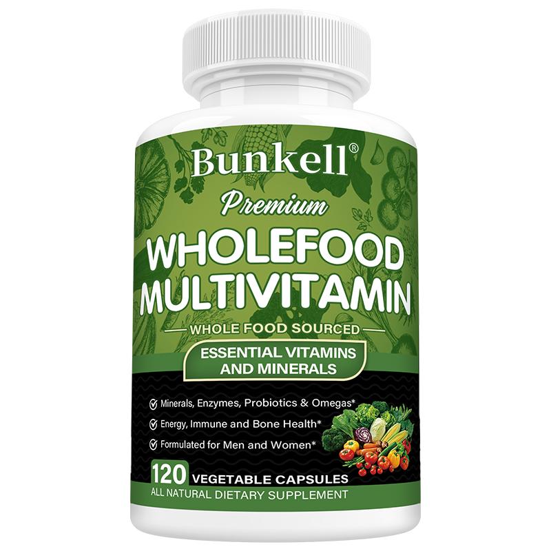 Bunkell Vollwert-Multivitamin-Nahrungsergänzungsmittel, aus Vollwertkost gewonnen, mit Probiotika & Enzymen, 120 Kapseln
