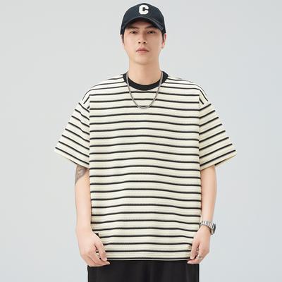 Striped T-shirt Mens Short-sleeved Summer Latest Round Neck Relaxed Fit Five-point Sleeve T-shirt Japanese Classic Style