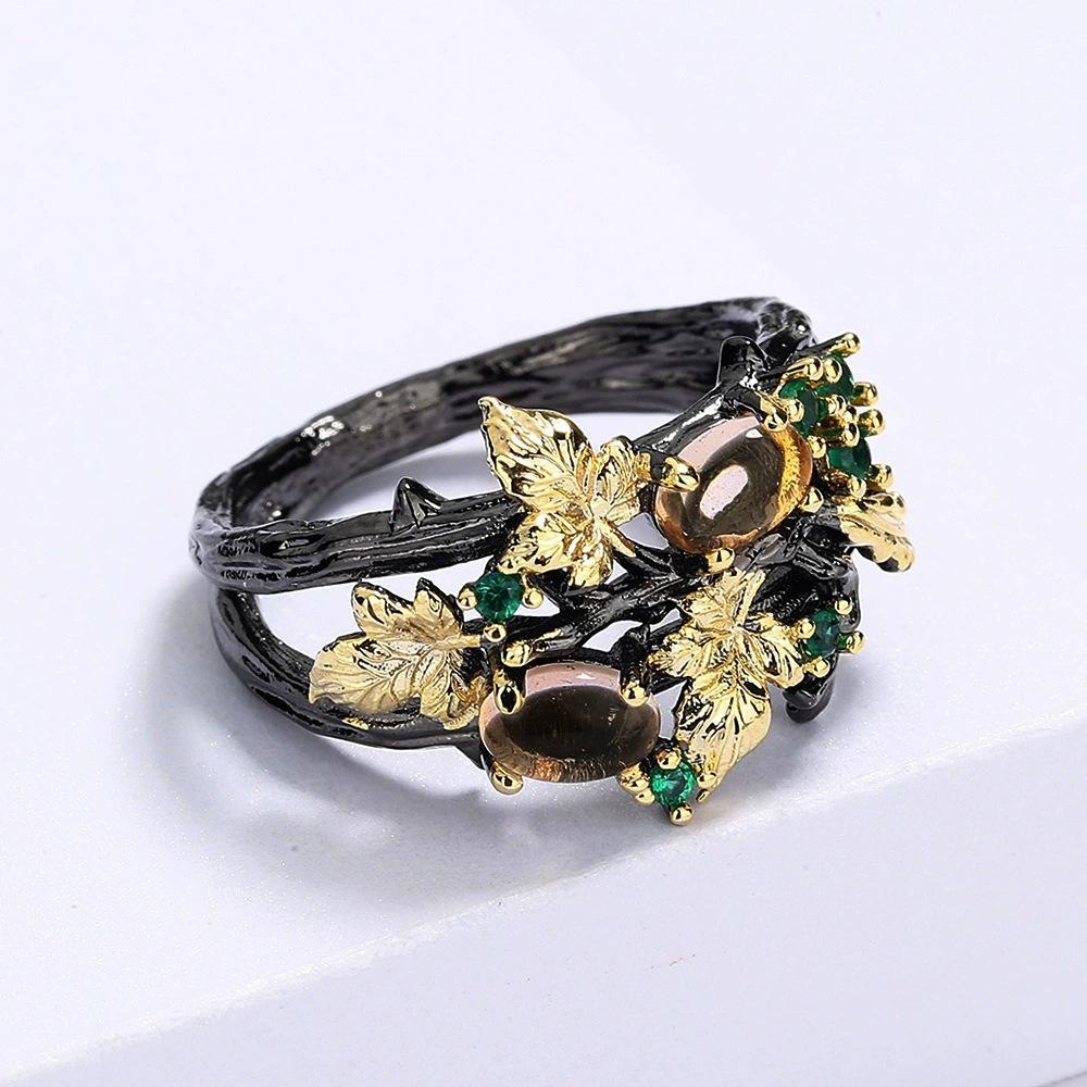 Retro Two-Tone Leaf and Fruit Ring - European & American Inspired Dark Luxury Jewelry