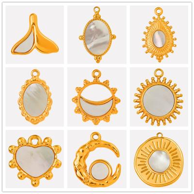 2pcs White Shell Charm Stainless Steel Pendants For Jewelry Making Supplies Mirror Sun Heart DIY Charms In Bulk Real Gold Plated