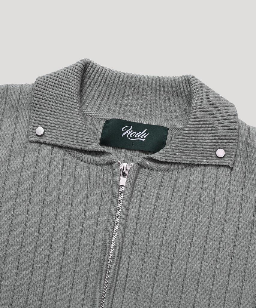 Nodu Rivet Collar Ribbed Knit Zip-Up Cardigan [Gray]