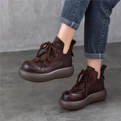 Stivaletti Corti con Lacci e Plateau Retro in Vera Pelle con Suola Spessa e Punta Rotonda da Donna
