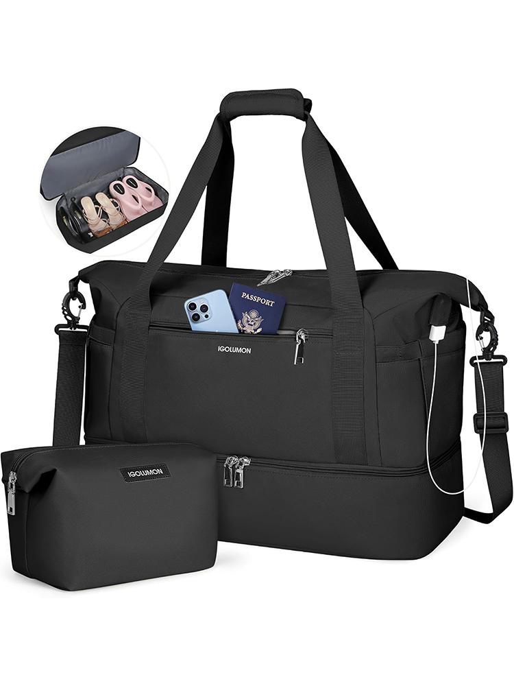 

2Pcs Women Travel Duffel Bags Waterproof Weekender Overnight Bag Gym Tote Bag with Shoe Compartment and Wet Pocket чёрный