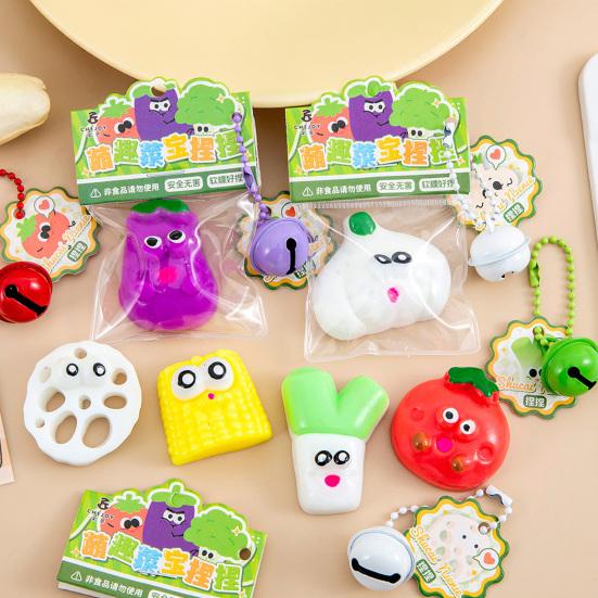 Cartoon Vegetable Squeeze Toy with Bell Ball Chain Stress Slow Rising Vegetable Sensory Fidget Toy Keychain Hanging