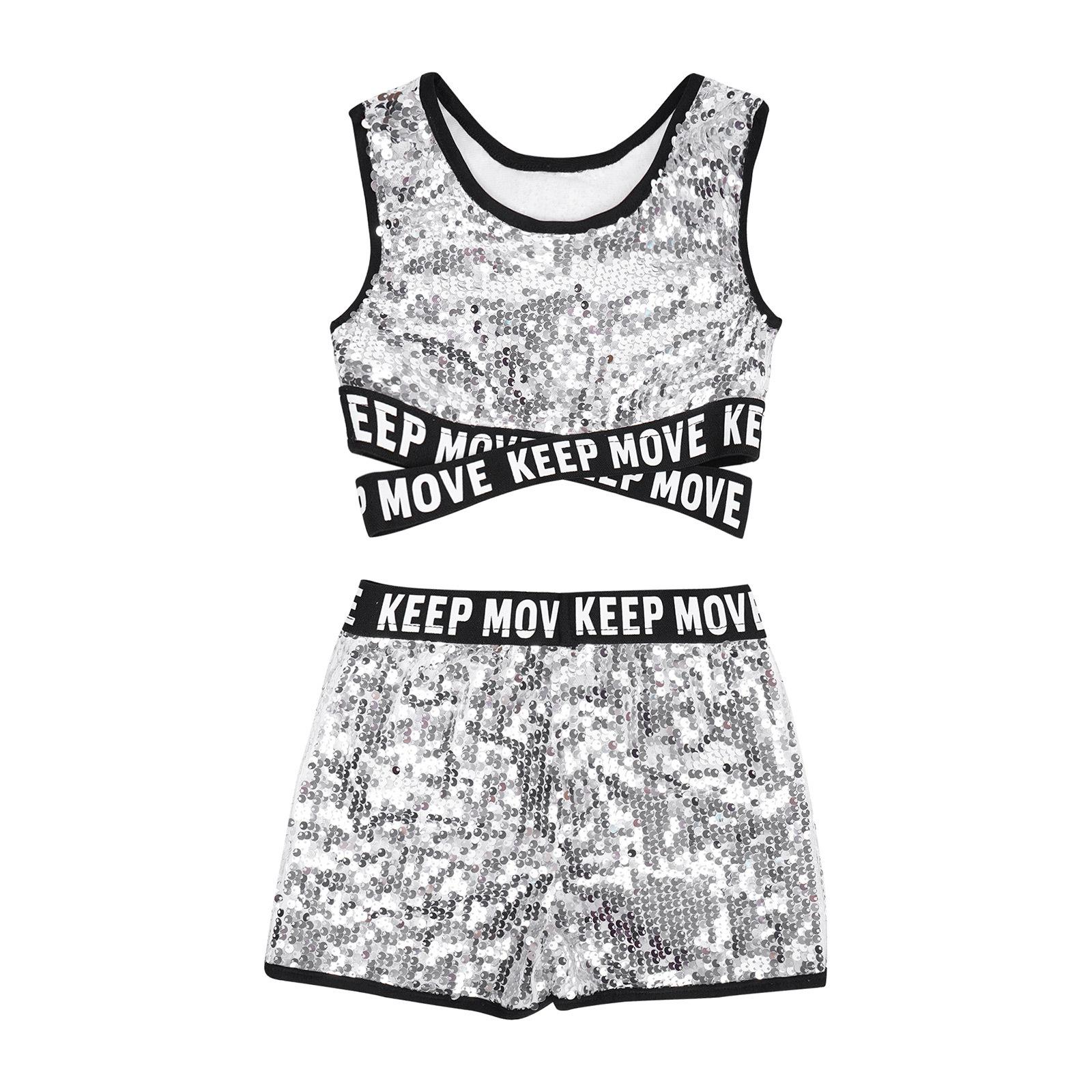 

Блискучі блискучі короткі топи з шортами для дітей, дівчаток, сучасний джазовий танцювальний костюм, комплекти танцювального одягу 13-14 Years срібний