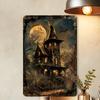 Gruseliger Halloween Hexenhut & Spukschloss Vintage Metallschild - Gothic Wanddeko mit Vollmond, Fledermäusen und unheimlichem Design fo