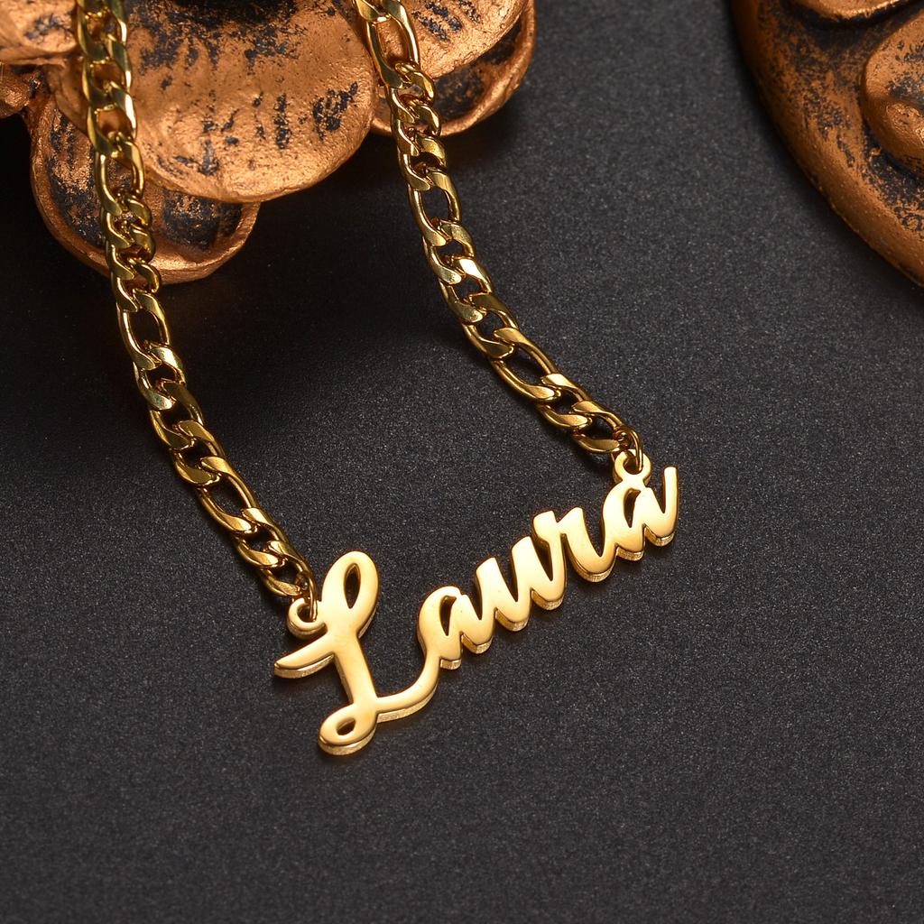 Atoztide Personalized Custom Name Necklace Bracelet Jewelry Set Figaro Chain Pendant Stainless Steel For Women Birthday Gift